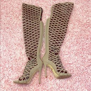 Thigh high cut out open toe boots